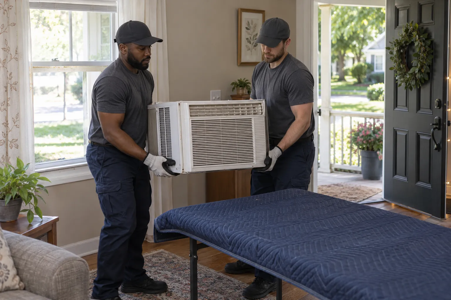 air conditioner removal being moved with professional equipment