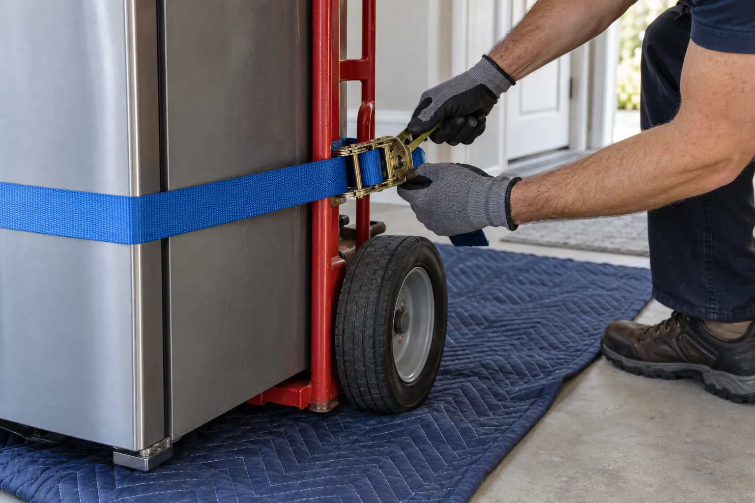 A refrigerator secured to a moving dolly with a blue strap