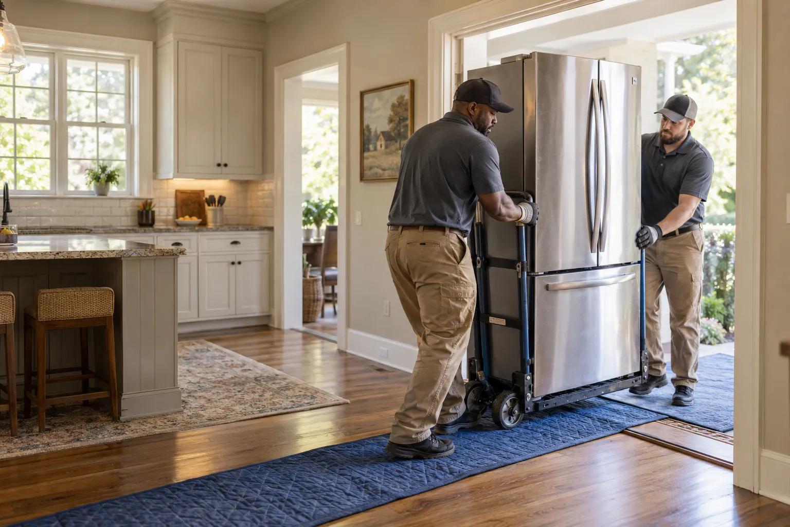 Two workers guide a refrigerator on a dolly through a kitchen