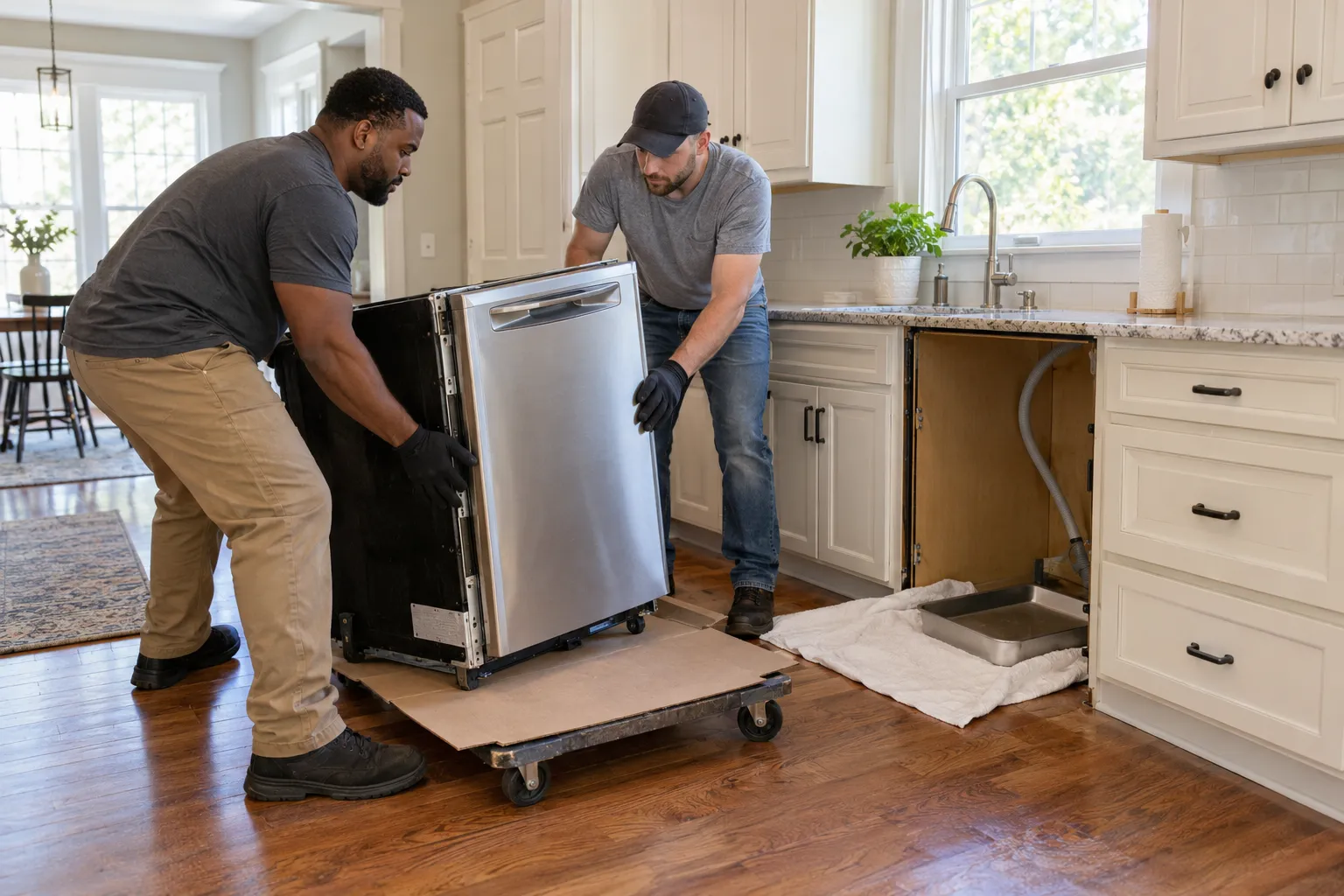 dishwasher removal being moved with professional equipment