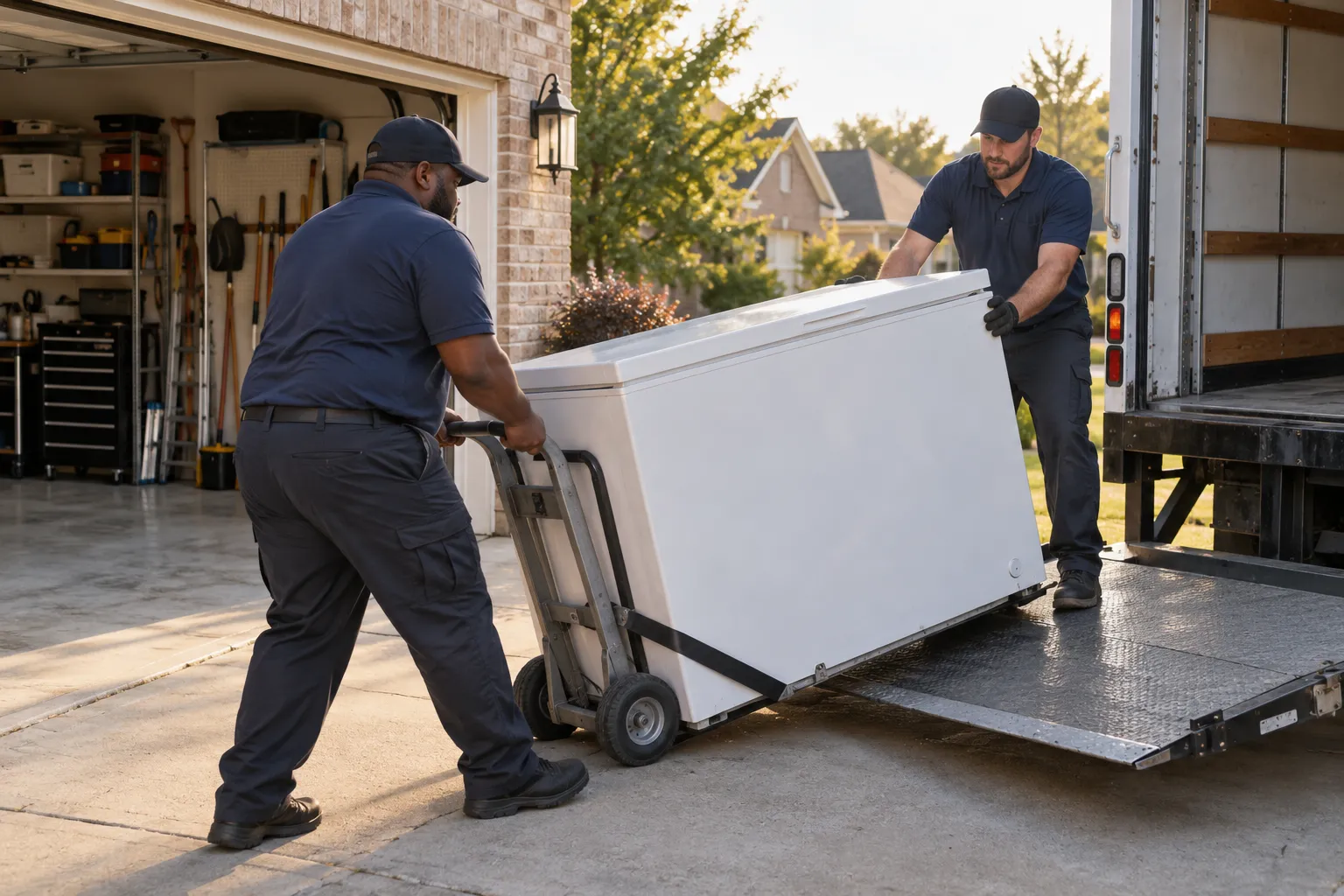 freezer removal being moved with professional equipment