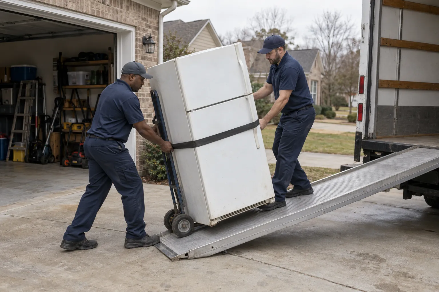 refrigerator removal being moved with professional equipment