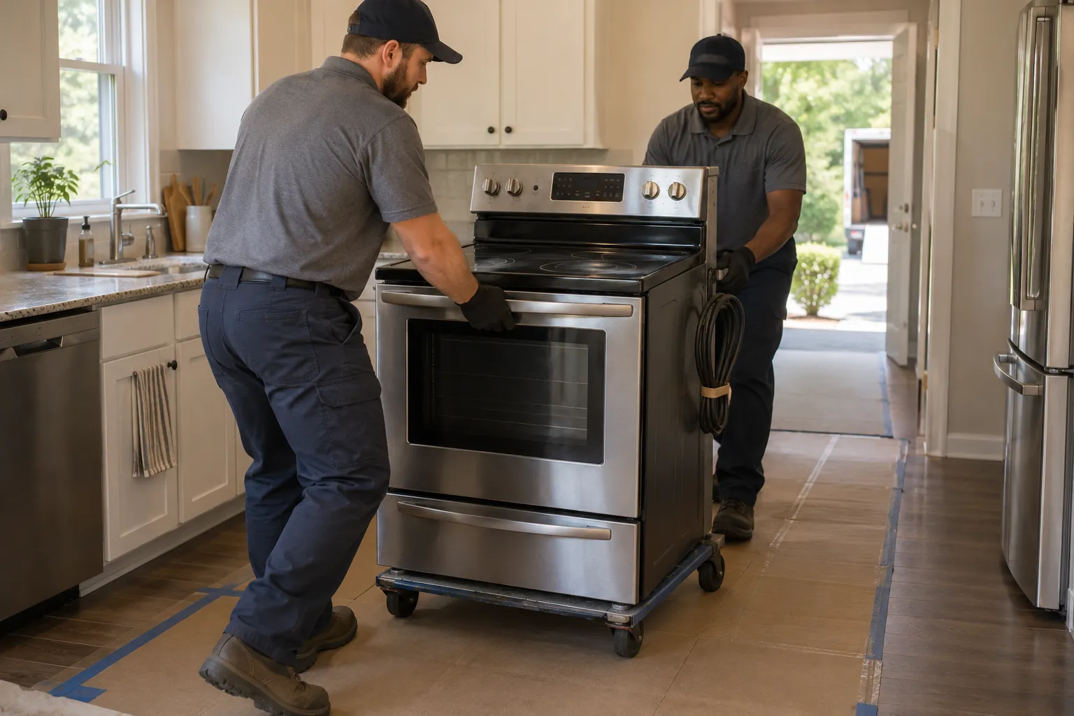 stove & oven removal being moved with professional equipment